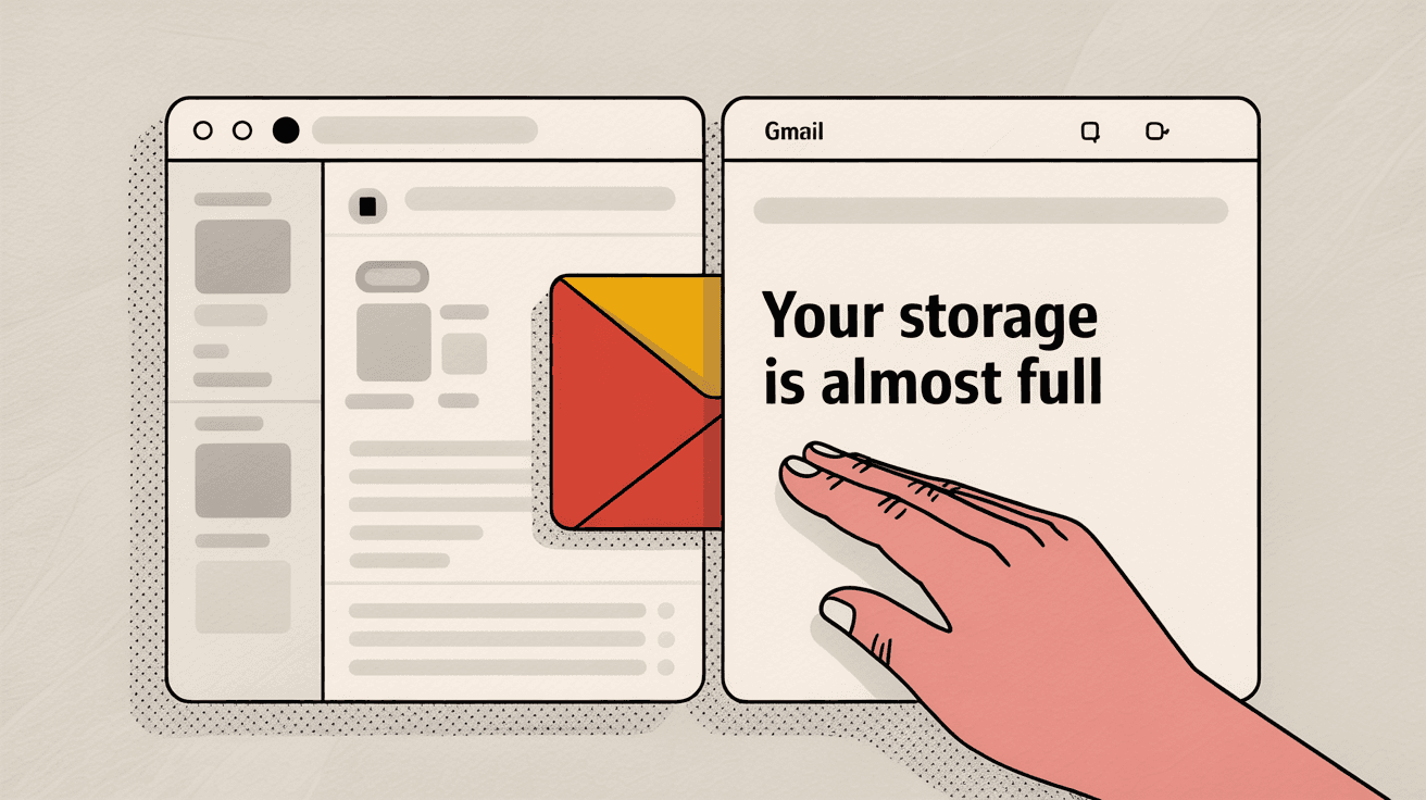 Gmail interface showing empty inbox with storage full notification warning